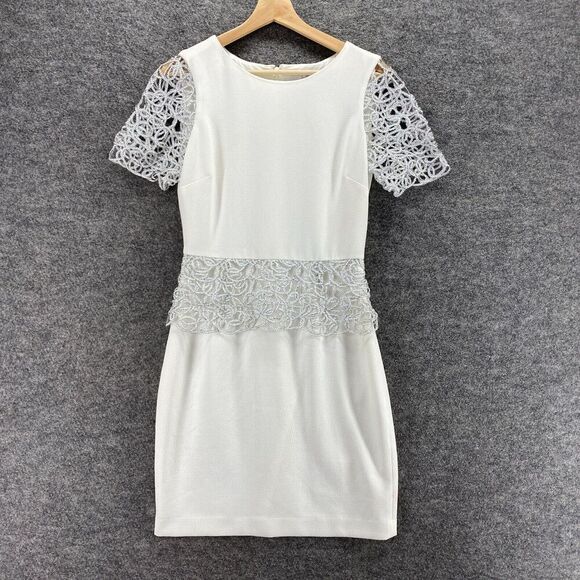 Badgley Mischka Dress Women 4 White Sheath Midi Zipper Lined Short Sleeve - Picture 1 of 9